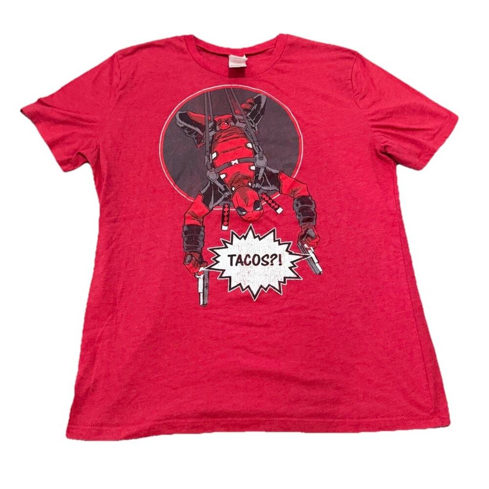 Mens Deadpool Marvel Tee Fifth Sun "TACOS !" Short Sleeve Red T-Shirt Size Lrg